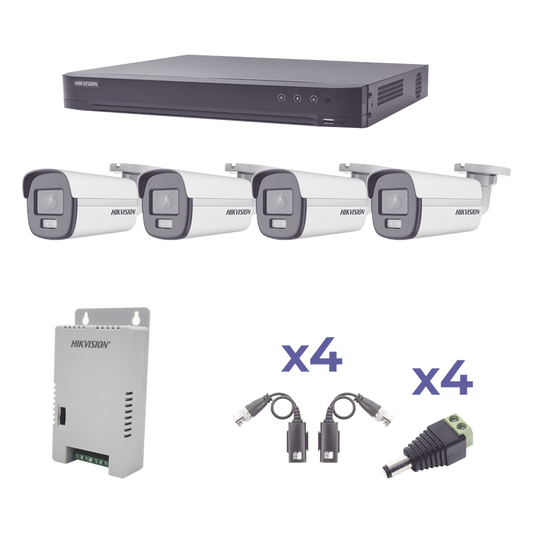 KIT COLORVU TURBOHD 1080p / DVR 4 Canales / 4 Cámaras Bala (exterior) lente 2.8mm / Fuente de poder profesional / Transceptores de video y Accesorios de corriente