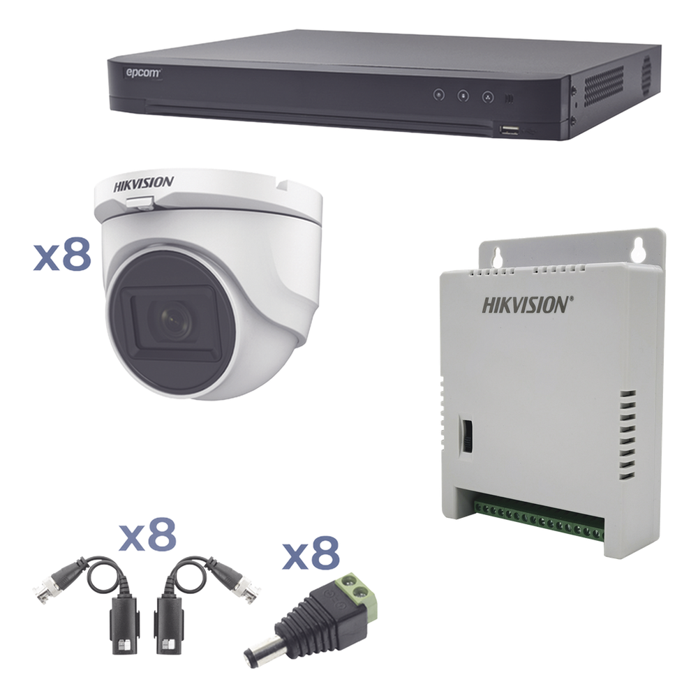 Kit TURBOHD 1080p / DVR 8 Canales / 8 Cámaras Turret (exterior 2.8 mm) / Conectores / Transceptores / Fuente de Poder Profesional hasta 15 Vcc para Larga Distancia