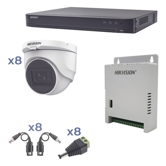 Kit TURBOHD 1080p / DVR 8 Canales / 8 Cámaras Turret (exterior 2.8 mm) / Conectores / Transceptores / Fuente de Poder Profesional hasta 15 Vcc para Larga Distancia