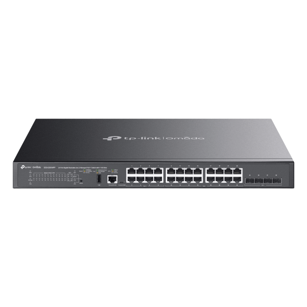 Switch Omada L3 SDN Administrable / 24 puertos PoE af/at Gigabit y 4 puertos SFP+ / Presupuesto PoE 720W / Funciones RIP, VRRP, Servidor DHCP / Administración centralizada OMADA / Fuente Redundante