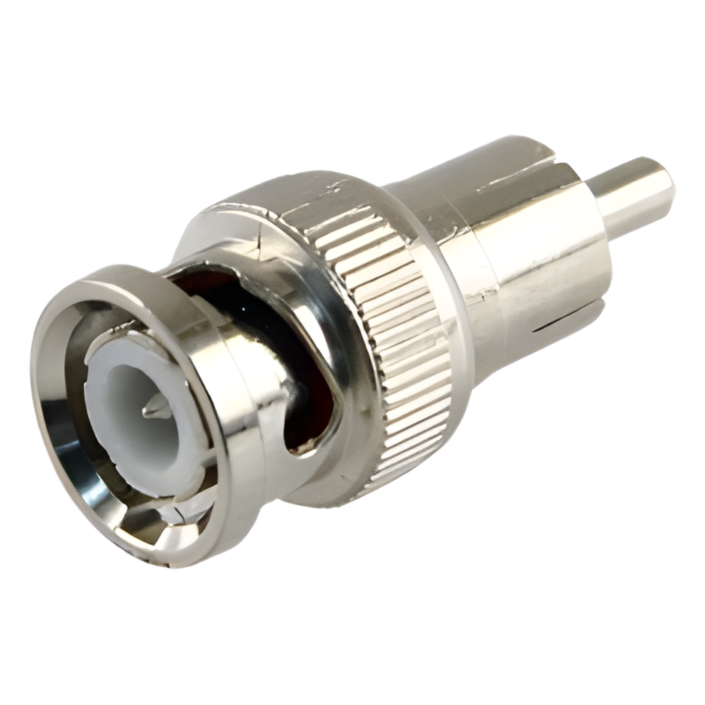 Adaptador en Línea para 75 Ohm, de Conector BNC Macho a RCA Macho en Aplicaciones de Audio-Video para Cámaras, Monitores y DVR's.