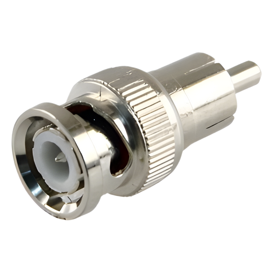 Adaptador en Línea para 75 Ohm, de Conector BNC Macho a RCA Macho en Aplicaciones de Audio-Video para Cámaras, Monitores y DVR's.