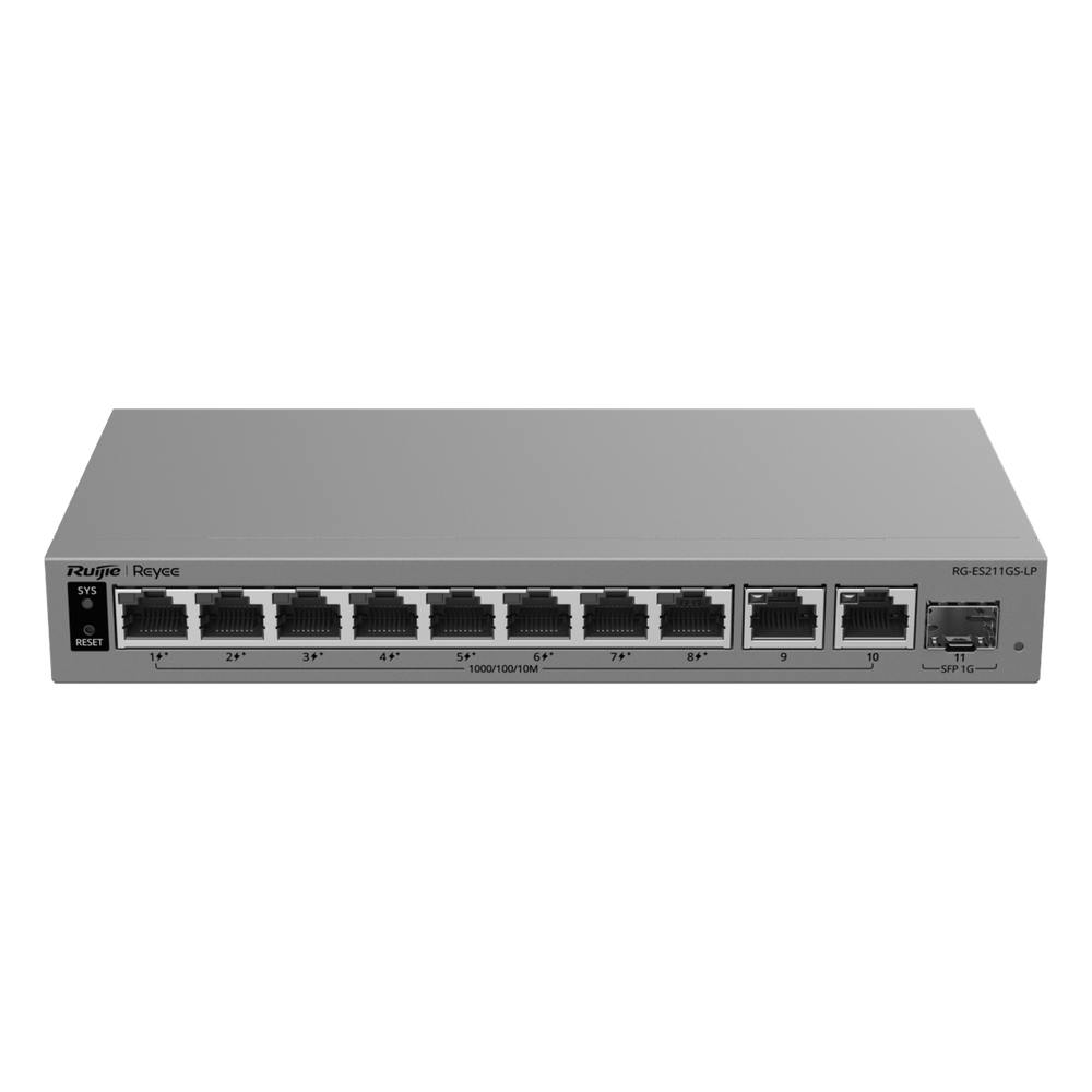 Switch Layer 2 Smart Cloud-Managed / 11 Puertos Gigabit / 8 Puertos PoE+ IEEE 802.3af/at 70 W / 1 Puerto SFP Uplink / Protección 6 kV / Gabinete Metálico Fanless / Gestión Cloud de por Vida / Modo CCTV de Un Clic