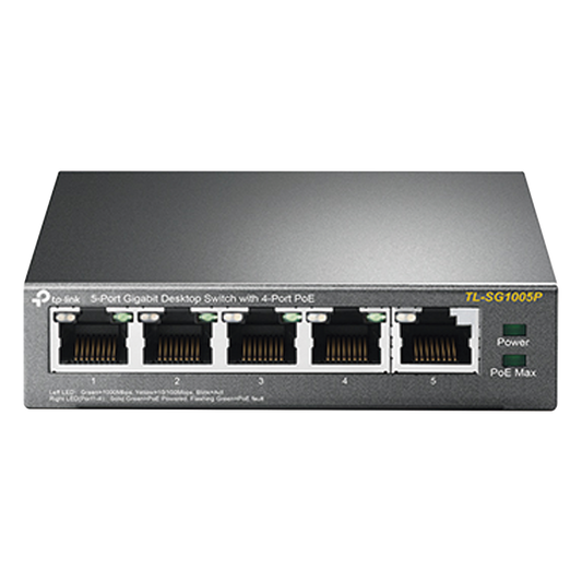 Switch Escritorio No Administrable de 5 puertos 10/100/1000 Mbps / Con 4 puertos PoE 802.3af/at de hasta 65 W / PoE Extendido hasta 250 metros