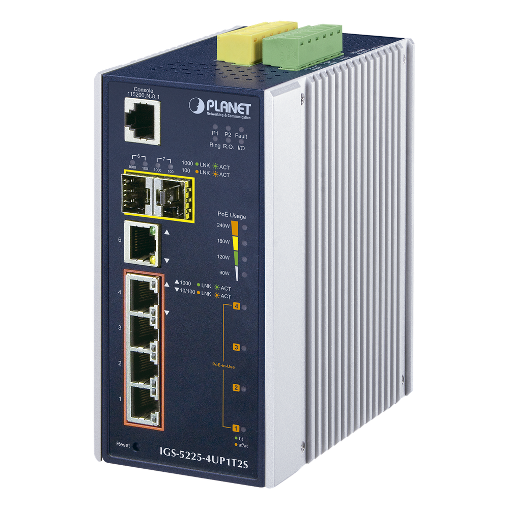 Switch Industrial Administrable 4 Puertos Gigabit c/Ultra PoE 802.3af/at, 2 Puertos SFP