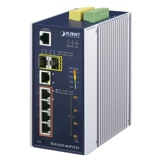 Switch Industrial Administrable 4 Puertos Gigabit c/Ultra PoE 802.3af/at, 2 Puertos SFP