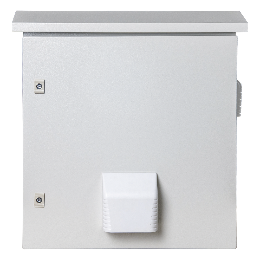 Gabinete Ventilado de Acero IP55 Uso en Exterior (593 x 609 x 399 mm) con Placa Trasera Interior Metálica y Compuerta Inferior Atornillable. Incluye Ventilador, Ventilas, filtros, Montaje Rack 19", Terminal de Tierra Física, Chapas y Ll