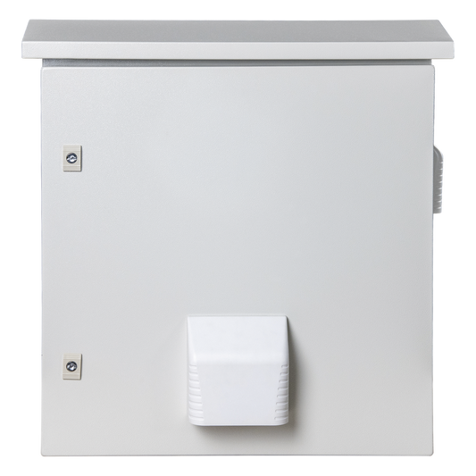 Gabinete Ventilado de Acero IP55 Uso en Exterior (593 x 609 x 399 mm) con Placa Trasera Interior Metálica y Compuerta Inferior Atornillable. Incluye Ventilador, Ventilas, filtros, Montaje Rack 19", Terminal de Tierra Física, Chapas y Ll