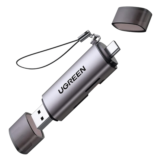 Lector de Tarjetas USB-C + USB-A a MicroSD (TF)/SD | OTG | USB-C 3.1 | 5Gbps | Soporta hasta 2TB | Soporta Windows/Mac OS/Linux/Android | Lectura de Tarjetas Simultánea | Caja de Aluminio | Llavero Anti-perdida.
