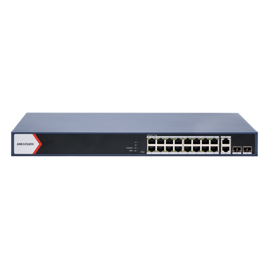 Switch Gigabit PoE+ / Monitoreable / 16 Puertos 1000 Mbps PoE+ / 2 Puerto 1000 Mbps de Uplink / 2 Puerto SFP /  Configuración Nube desde Hik-PartnerPro / Modo Extendido hasta 300 Metros / 125 Watts
