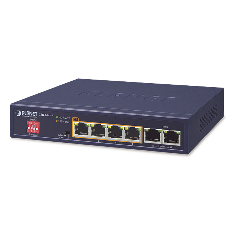 Switch No Administrable 4 Puertos 10/100/1000T 802.3at PoE + 2 Puertos 10/100/1000T de Uplink para Escritorio