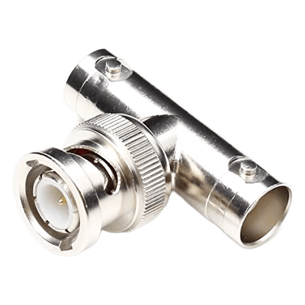 Adaptador en T para 75 Ohm de Conector BNC Macho a Doble BNC Hembra, Níquel/ Oro/ Teflón.