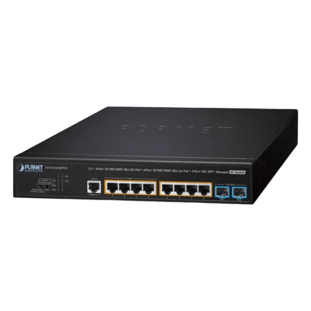 Switch AV Administrable Capa 2/ Compatible con Dante / 4 Puertos Gigabit PoE++ 802.3bt 95W + 4 Puertos Gigabit PoE+ 802.3at 32W + 2 Puertos 10G SFP+ / Presupuesto PoE 240W / Dual UI Pro AV y Standard / Compatibilidad Dante y NDI / Fanless / VLAN Routing I