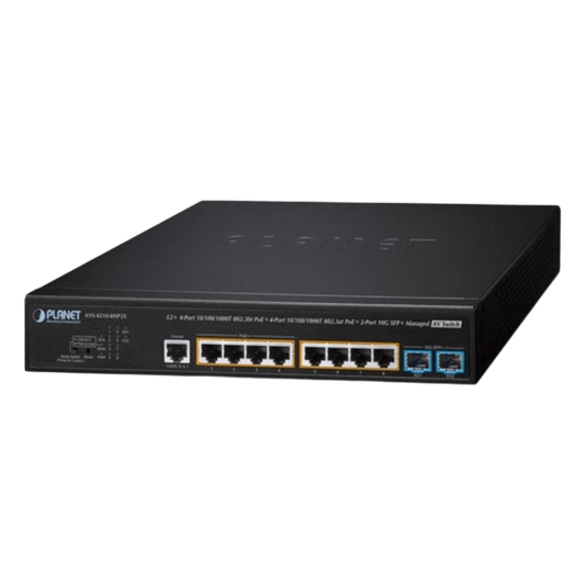 Switch AV Administrable Capa 2/ Compatible con Dante / 4 Puertos Gigabit PoE++ 802.3bt 95W + 4 Puertos Gigabit PoE+ 802.3at 32W + 2 Puertos 10G SFP+ / Presupuesto PoE 240W / Dual UI Pro AV y Standard / Compatibilidad Dante y NDI / Fanless / VLAN Routing I
