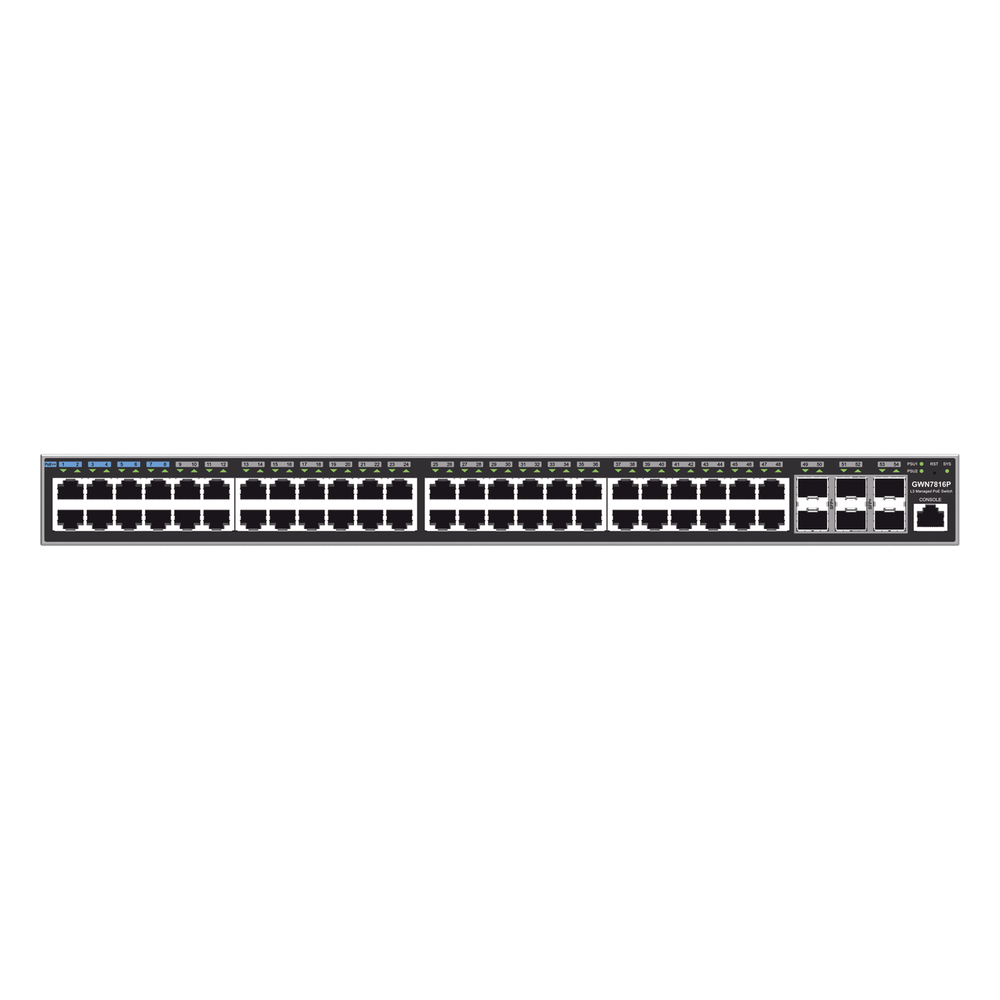 Switch Capa 3 PoE+ Administrable / 48 puertos 10/100/1000 Mbps + 6 Puertos SFP+ de 10 Gigabits / Hasta 740W / Compatible con GWN Cloud.