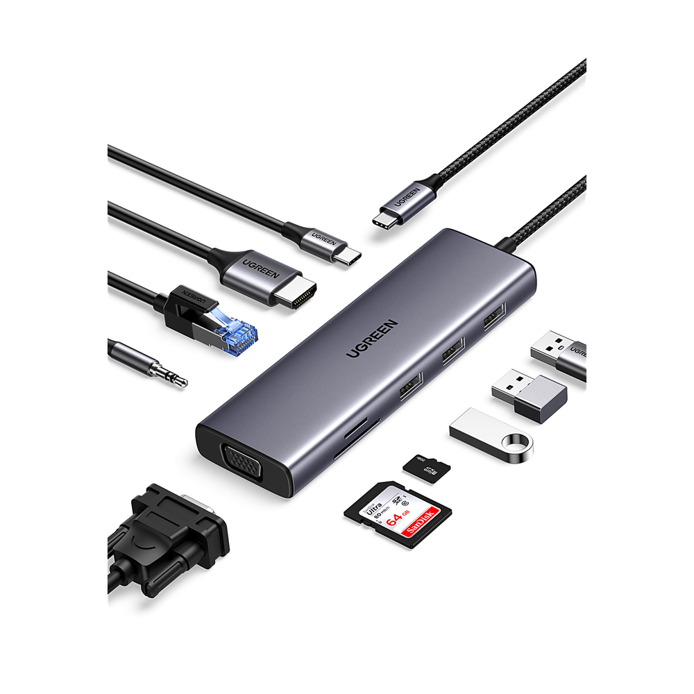 Hub USB-C 10 en 1 / HDMI 4K@30Hz + VGA 1920x1200 / 3x USB 3.0 5Gbps / Ethernet Gigabit / SD/TF Card Reader / PD 100W / Audio 3.5mm / Doble Pantalla Simultánea / Plug & Play Universal