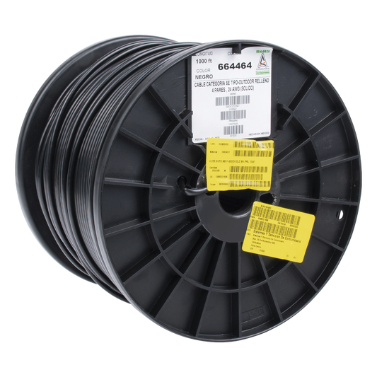 Bobina de 305 Metros (1000 Pies) Cat5e con Gel para Exterior, Color Negro, para Aplicaciones en Sistemas de Redes de Datos y Cableado Estructurado. Uso Intemperie.