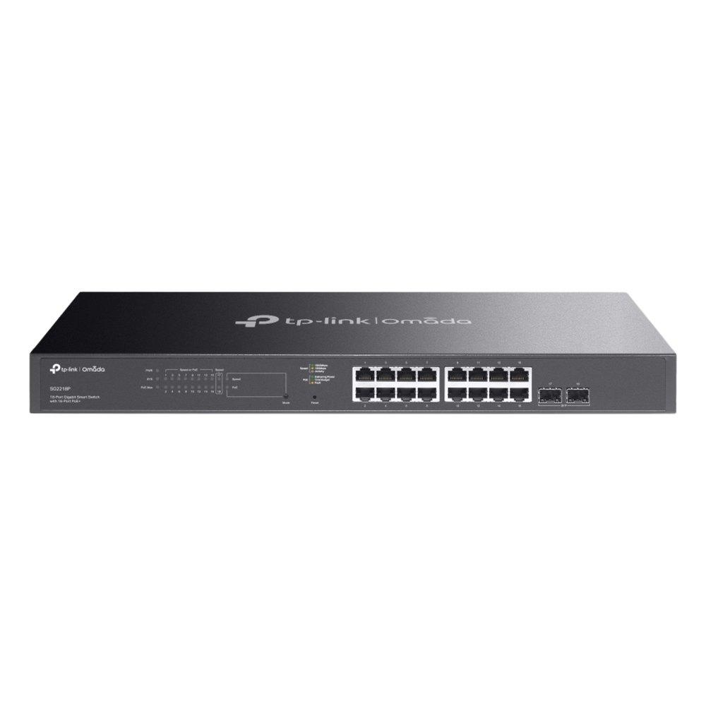 Switch Smart Omada 18 Puertos Gigabit / 16 Puertos PoE+ 802.3af/at / 2 Ranuras SFP Gigabit / Presupuesto PoE 150 W / Switching 36 Gbps / Enrutamiento Estático L2+ / Gestión Cloud SDN / Fanless / Montable en Rack