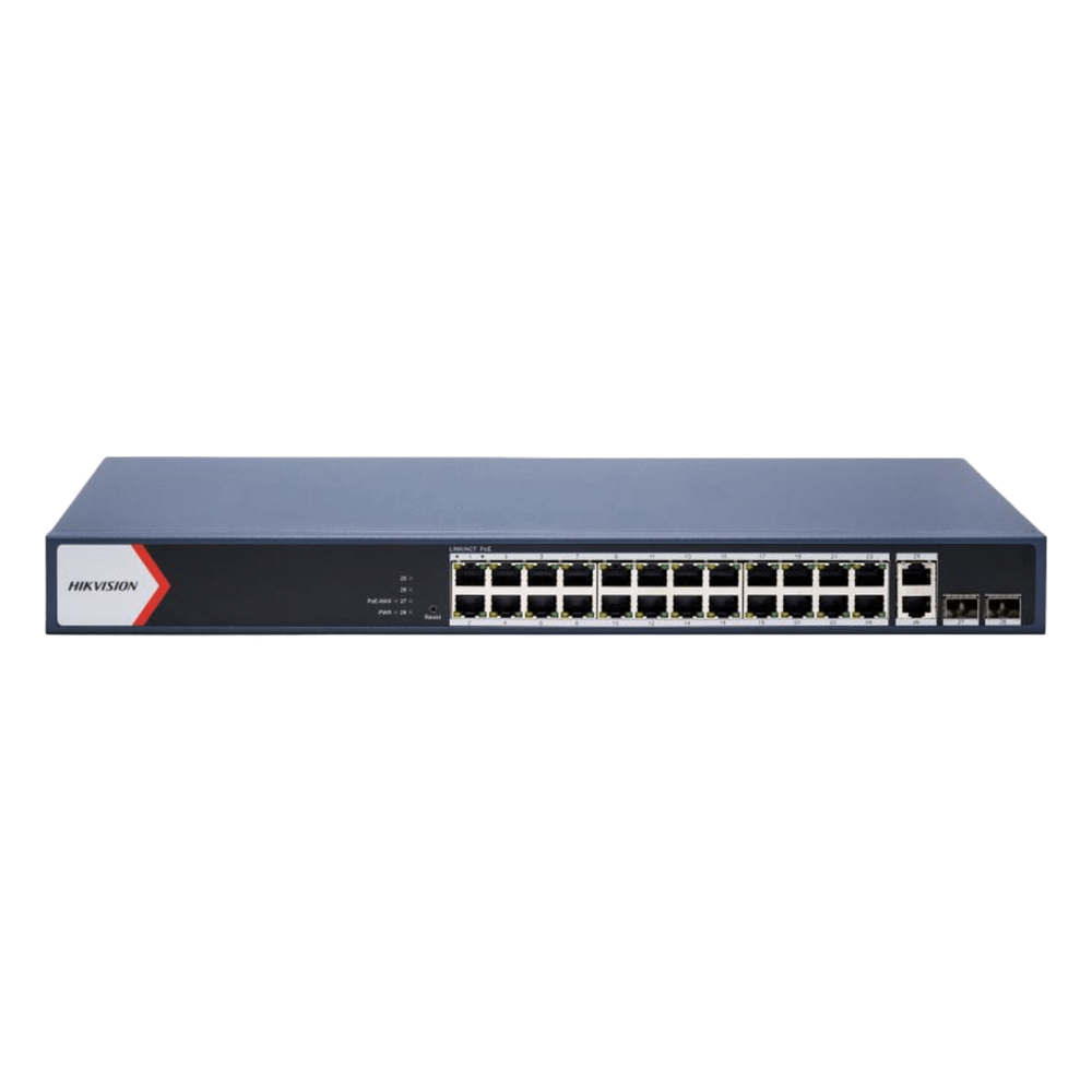Switch Gigabit PoE+ / Administrable / 24 Puertos 1000 Mbps PoE+ / 2 Puertos 1000 Mbps Uplink  / 2 Puertos SFP Uplink / Configuración Nube Hik-Partner Pro / Modo Extendido hasta 300 Metros / 230 W