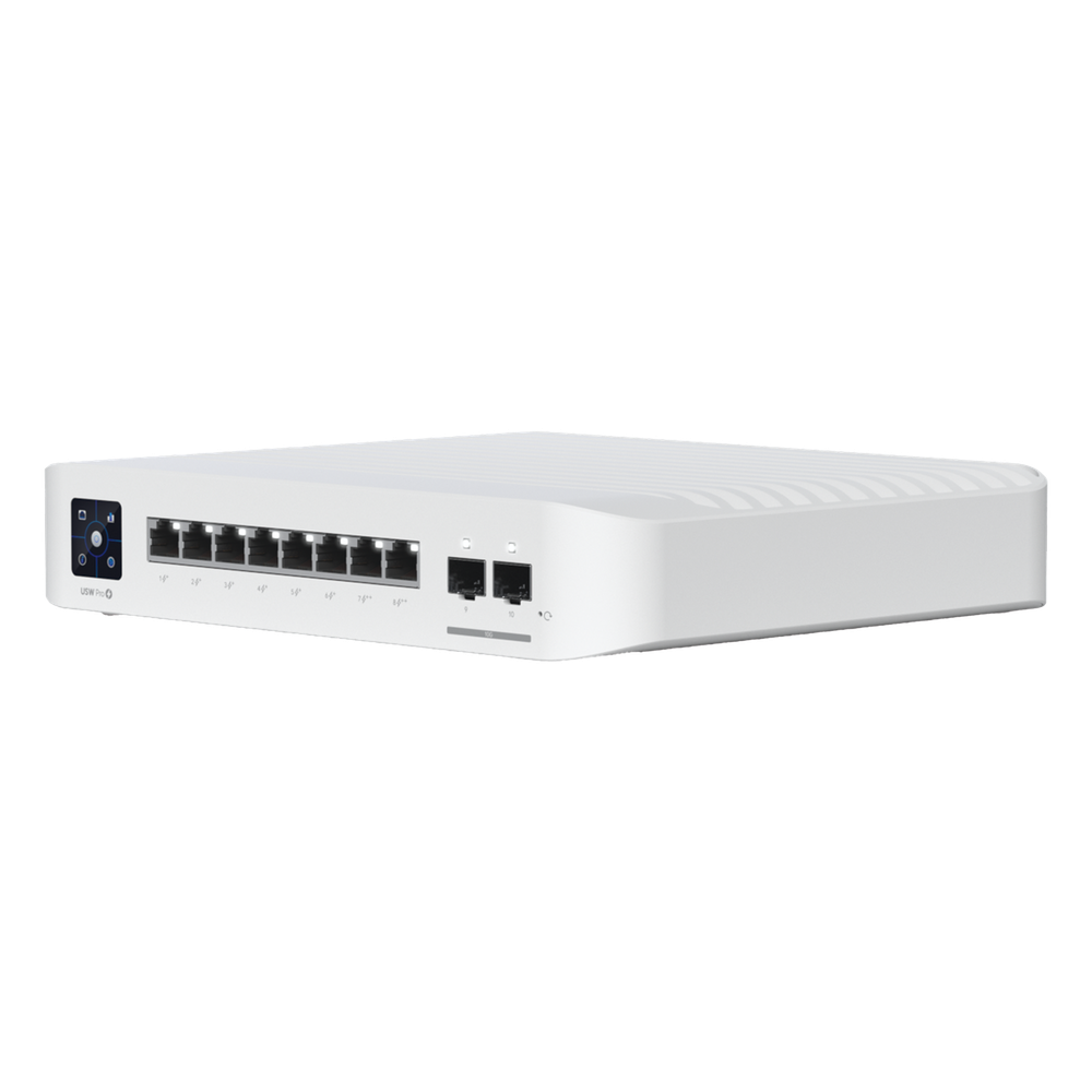 Switch UniFi Pro 8 PoE Administrable Capa 3, 8 puertos GbE / (6) puertos POE+ af/at y (2) puertos POE++ 802.3bt / (2) puertos SFP+ 10G / 120W de presupuesto POE