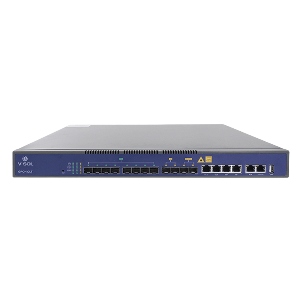 OLT de 8 puertos GPON con 8 puertos Uplink (4 puertos Gigabit Ethernet + 2 puertos SFP + 2 puertos SFP+) hasta 1,024 ONUs