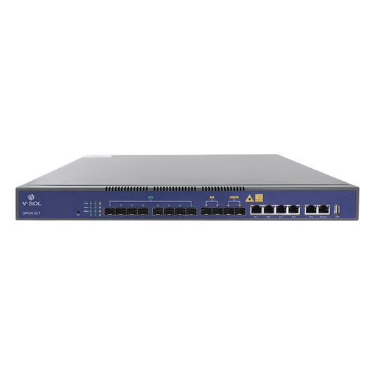 OLT de 8 puertos GPON con 8 puertos Uplink (4 puertos Gigabit Ethernet + 2 puertos SFP + 2 puertos SFP+) hasta 1,024 ONUs