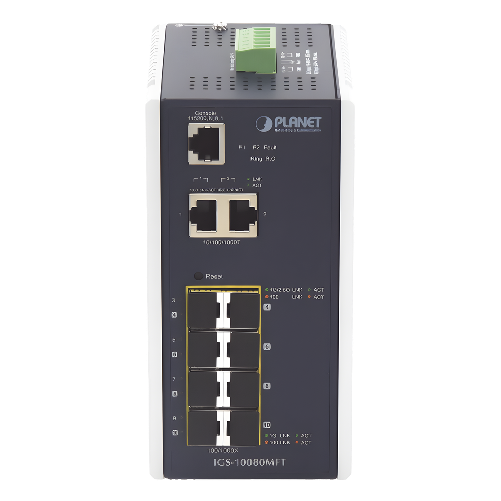 Switch Industrial Administrable L2+, 8 Puertos 1G SFP, 2 Puertos TP Gigabit, (-40 ~75 grados C)