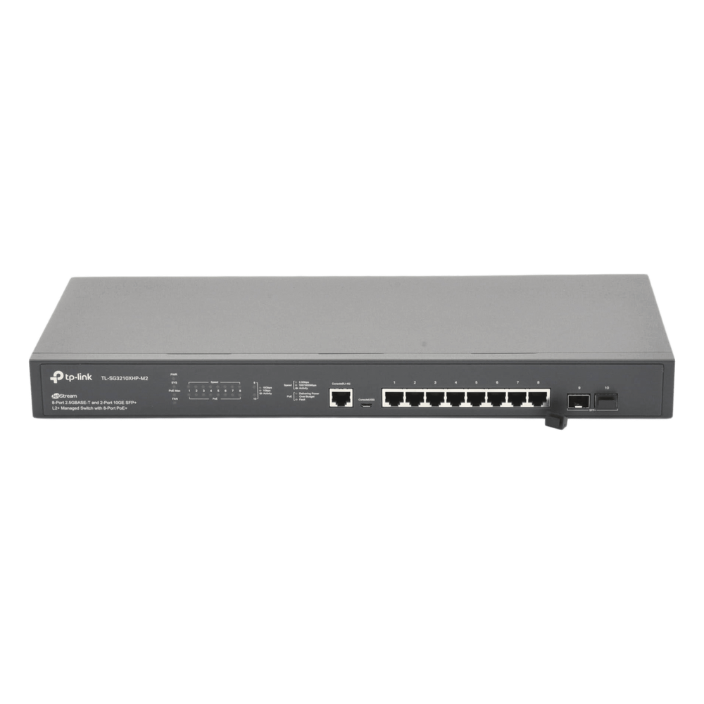 Switch L2+ Omada PoE+ / 8 Puertos PoE+ MultiGigabit 2.5G / 2 Puertos SFP+ 10G / 2 Puertos Consola (RJ45 y microUSB) / Administración Centralizada Omada o Stand-Alone / Multicast IGMP / Presupuesto PoE 240W / Montaje en Rack / (SG3210XHPM2)