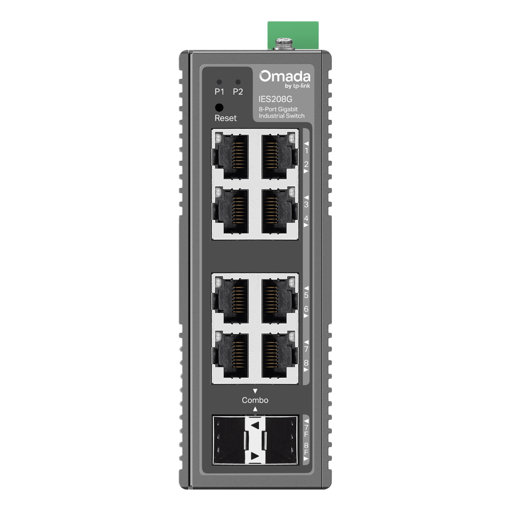 Switch Industrial Omada Easy Managed / 8 Puertos Gigabit (6× RJ45 + 2× RJ45/SFP Combo) / 16 Gbps Switching / -40°C a 75°C / Protección Rayos 6kV / Gestión Cloud / Montaje DIN Rail o Pared / IP40