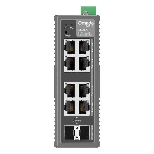 Switch Industrial Omada Easy Managed / 8 Puertos Gigabit (6× RJ45 + 2× RJ45/SFP Combo) / 16 Gbps Switching / -40°C a 75°C / Protección Rayos 6kV / Gestión Cloud / Montaje DIN Rail o Pared / IP40