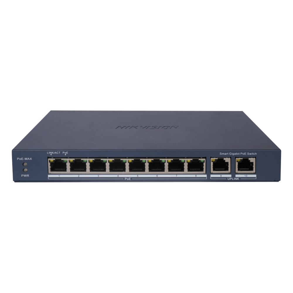 Switch Gigabit PoE+ / Administrable / 8 Puertos Gigabit PoE+ / 2 Puertos Gigabit / Configuración Nube Hik-Partner Pro / Modo Extendido hasta 300 Metros / 110 W