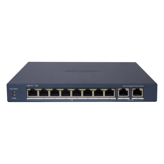 Switch Gigabit PoE+ / Administrable / 8 Puertos Gigabit PoE+ / 2 Puertos Gigabit / Configuración Nube Hik-Partner Pro / Modo Extendido hasta 300 Metros / 110 W