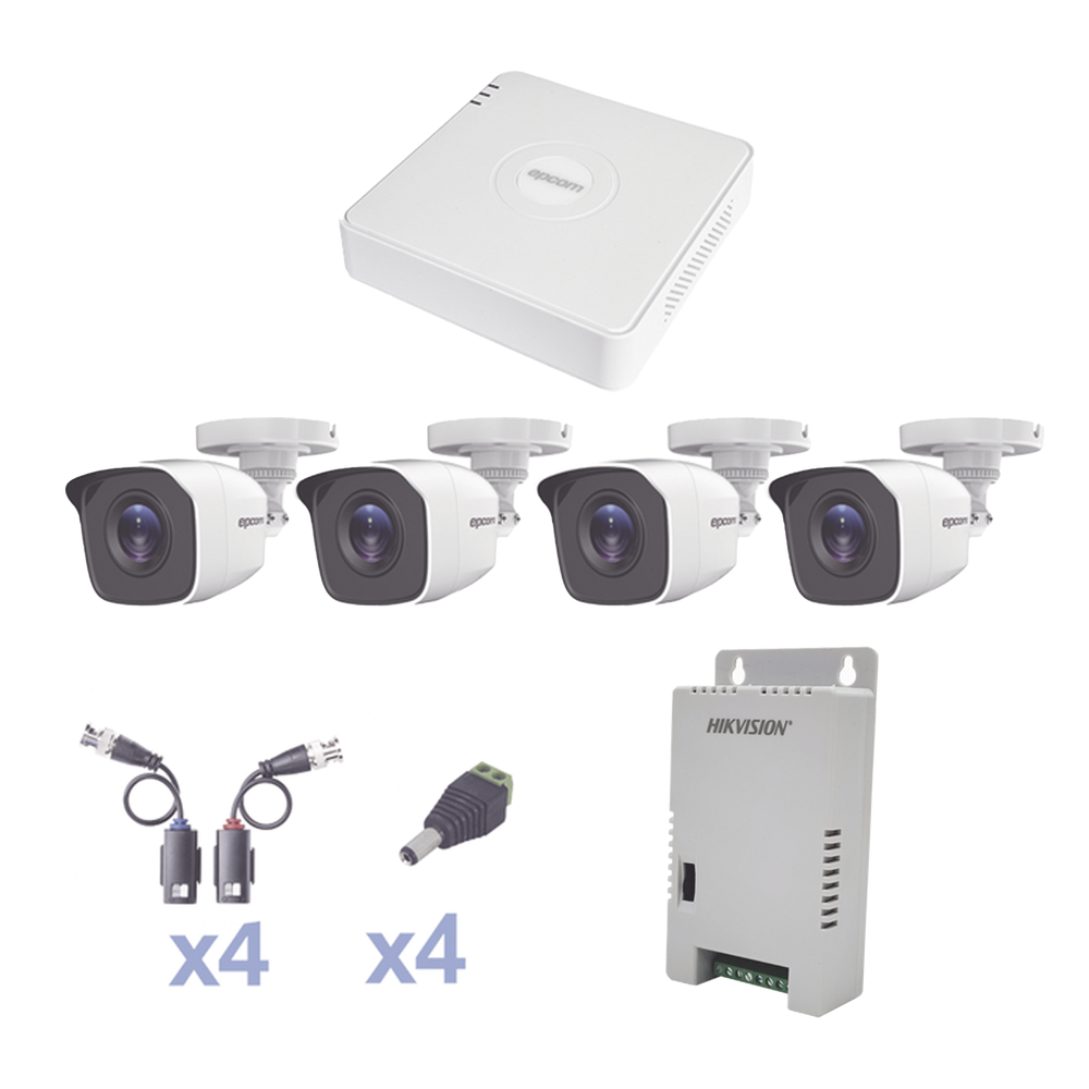 KIT TurboHD 1080 Lite / DVR 4 Canales / 4 Cámaras Bala (exterior 2.8 mm) / Transceptores / Conectores / Fuente de Poder Profesional