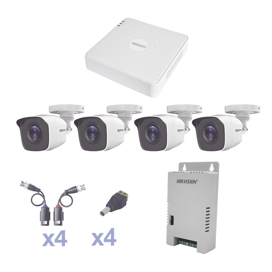 KIT TurboHD 1080 Lite / DVR 4 Canales / 4 Cámaras Bala (exterior 2.8 mm) / Transceptores / Conectores / Fuente de Poder Profesional