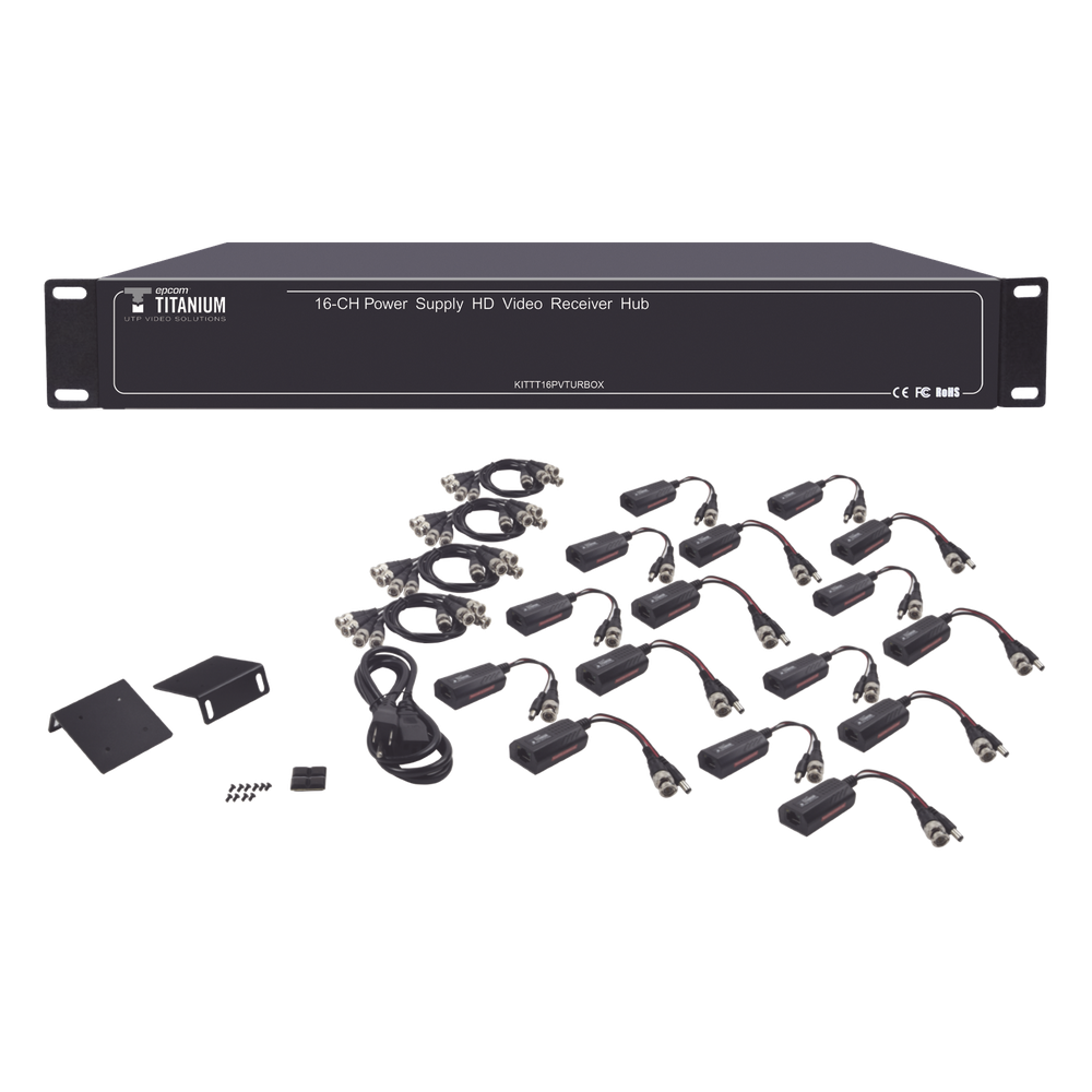 Kit de TRANSCEPTOR ACTIVO DE 16 Canales / VIDEO+PODER en un solo Cable UTP / 150m en 4K, 200m en 5 MP/ Envía 36 Vcc y recibe 12 Vcc / TODO INCLUIDO PARA RACK / Compatible con cámaras HD-TVI/CVI/AHD/CVBS / Instalación Limpia