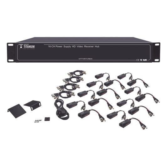 Kit de TRANSCEPTOR ACTIVO DE 16 Canales / VIDEO+PODER en un solo Cable UTP / 150m en 4K, 200m en 5 MP/ Envía 36 Vcc y recibe 12 Vcc / TODO INCLUIDO PARA RACK / Compatible con cámaras HD-TVI/CVI/AHD/CVBS / Instalación Limpia