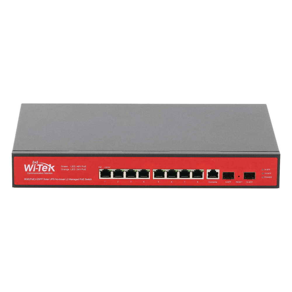 Switch Administrable Capa 2 de 8 puertos 10/100/1000 PoE af/at + 2 x SFP Gigabit, con respaldo para energía solar