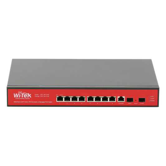 Switch Administrable Capa 2 de 8 puertos 10/100/1000 PoE af/at + 2 x SFP Gigabit, con respaldo para energía solar