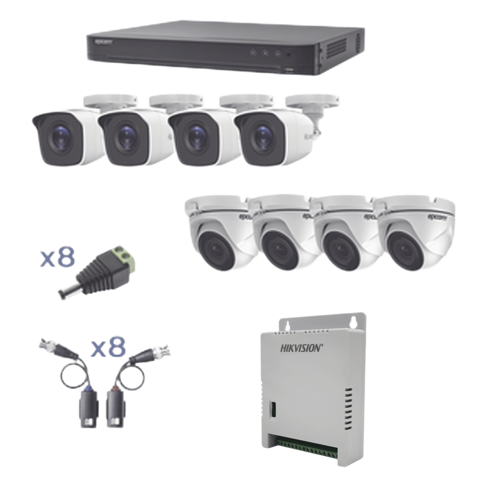 KIT TurboHD 1080p / DVR 8 Canales / 4 Cámaras Bala (exterior 2.8 mm) / 4 Cámaras Eyeball (exterior 2.8 mm) / Transceptores / Conectores / Fuente de Poder Profesional hasta 15 Vcc para Largas Distancias