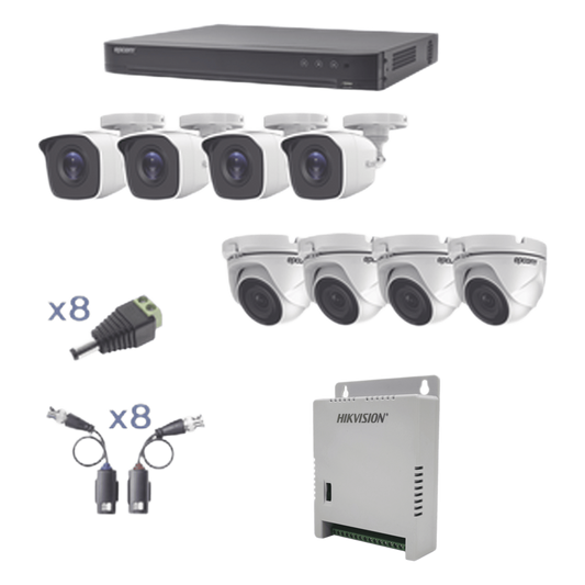 KIT TurboHD 1080p / DVR 8 Canales / 4 Cámaras Bala (exterior 2.8 mm) / 4 Cámaras Eyeball (exterior 2.8 mm) / Transceptores / Conectores / Fuente de Poder Profesional hasta 15 Vcc para Largas Distancias