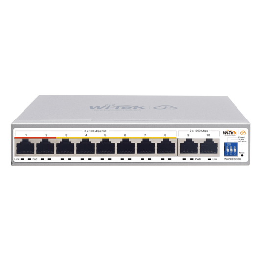 Switch PoE / Administración en la nube / Con 8 puertos 10/100 Mbps PoE af/at / 2 Puertos Uplink 10/100/1000 Mbps / Presupuesto 100 W / PoE hasta 250 metros / Soporta protocolo ONVIF