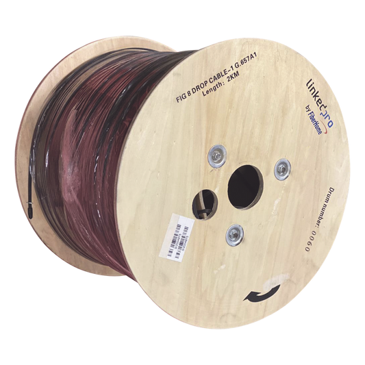 Carrete de 2 Kilómetros (6561.68 Pies) de Fibra Óptica Aérea Mini Figura 8 G.657A1 Tipo Drop, Monomodo de 1 Hilo (Unifibra), Color Negro, Span 80
