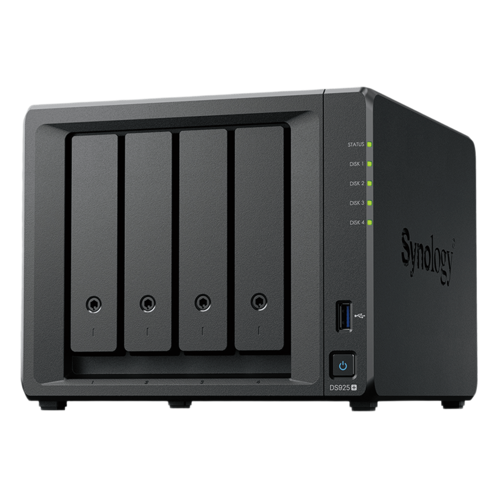 NAS DiskStation DS925+ | 4 Bahías | Expandible a 9 Bahías | 2 Puertos 2.5GbE | 2 Ranuras M.2 NVMe | AMD Ryzen V1500B | 4 GB DDR4 ECC | Hasta 565 MB/s Escritura Secuencial | Compatible con RAID | Synology DSM.