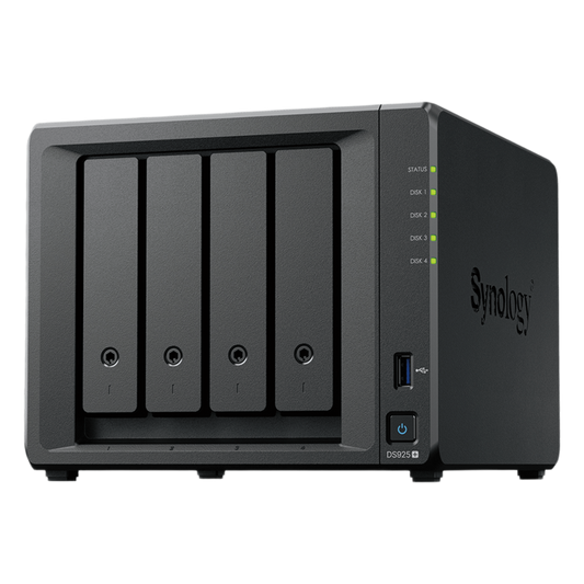 NAS DiskStation DS925+ | 4 Bahías | Expandible a 9 Bahías | 2 Puertos 2.5GbE | 2 Ranuras M.2 NVMe | AMD Ryzen V1500B | 4 GB DDR4 ECC | Hasta 565 MB/s Escritura Secuencial | Compatible con RAID | Synology DSM.