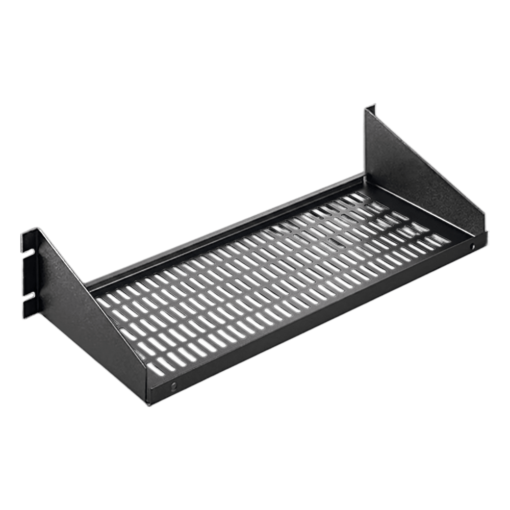 Charola para Rack 19 Pulgadas, Capacidad de Carga 34 kg, Base Ventilada, Acero Dulce Color Negro, 2 UR, Dimensiones 482x381x95 mm
