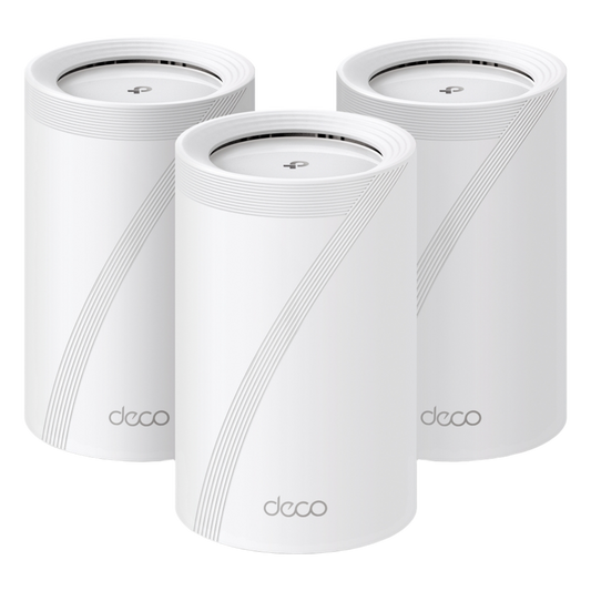 KIT 3 Routers Inalámbrico MESH Interior para Hogar / Triple Banda Wi-Fi 7 BE9300 Mbps / 2 Puerto 2.5 Gigabit WAN/LAN / 4 Antenas Internas / Operación Multi-Link MLO / Administración Mediante la App Deco (iOS, Android) / HomeShield