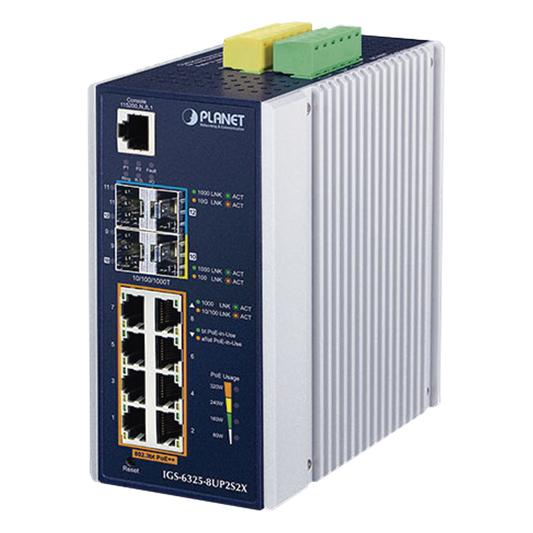 Switch Industrial Administrable Capa 3 con  8 Puertos Gigabit PoE 802.3bt, 2 Puertos SFP de 1 G/2.5 G, 2 Puertos SFP 10 G