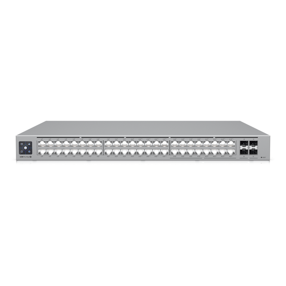 UniFi Switch Pro Max 48 POE, con funciones capa 3, 48 puertos (16 puertos 2.5 GbE (8 POE++ y 8 POE+) y 32 puertos 1 GbE (24 POE+ y 8 POE++)), 2 puertos SFP+ 10G, POE++ 720W, pantalla informativa