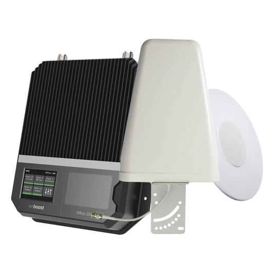 KIT Amplificador Office 200 4G LTE, 3G y VOZ con antena direccional. Especial para cubrir áreas de hasta 1600 Metros Cuadrados por ser de grado comercial e industrial. Soporta múltiples operadores, tecnologías y usuarios.