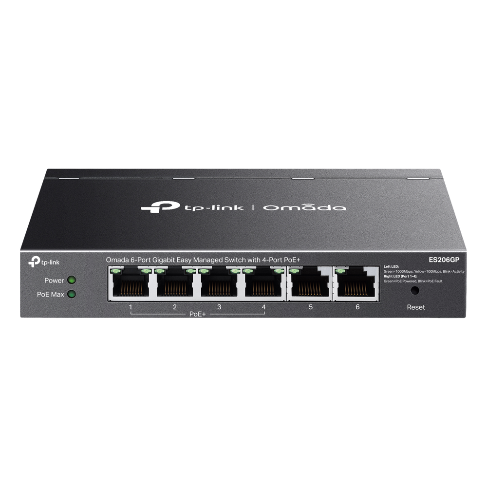 Switch Omada 6 Puertos Gigabit / 4 Puertos PoE+ 65W / Gestión Cloud SDN / Sin Ventiladores / QoS / VLAN / IGMP Snooping / 250 m PoE